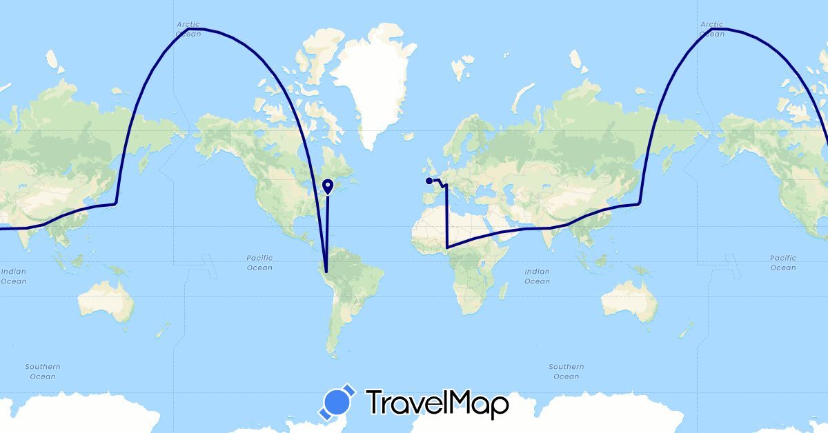 TravelMap itinerary: driving in Bangladesh, Switzerland, France, India, Japan, Nigeria, Peru, United States (Africa, Asia, Europe, North America, South America)